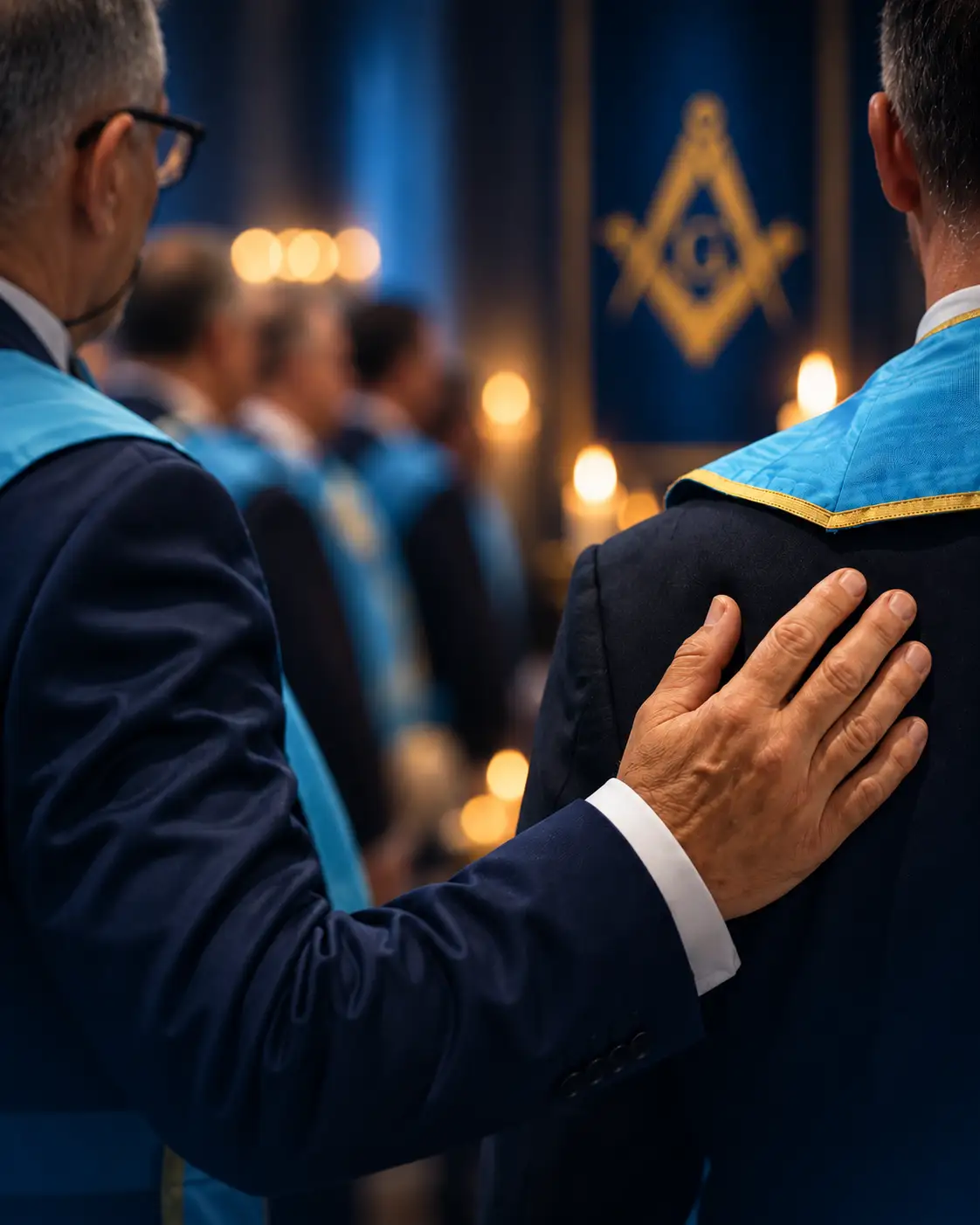 Broeders tijdens een bijeenkomst van vrijmetselaarsloge De Ster in het Oosten